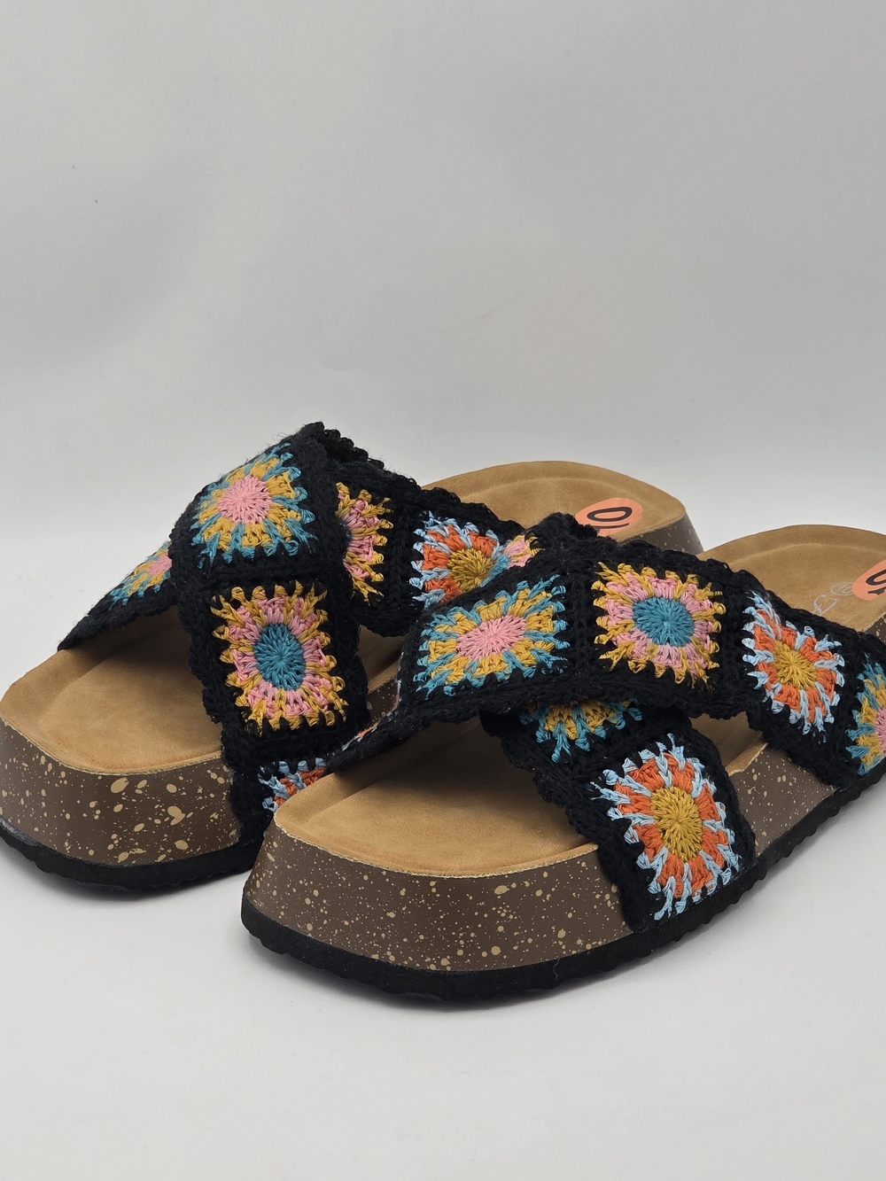Crochet Floral Slide Sandals - Black with Multicolor Accents